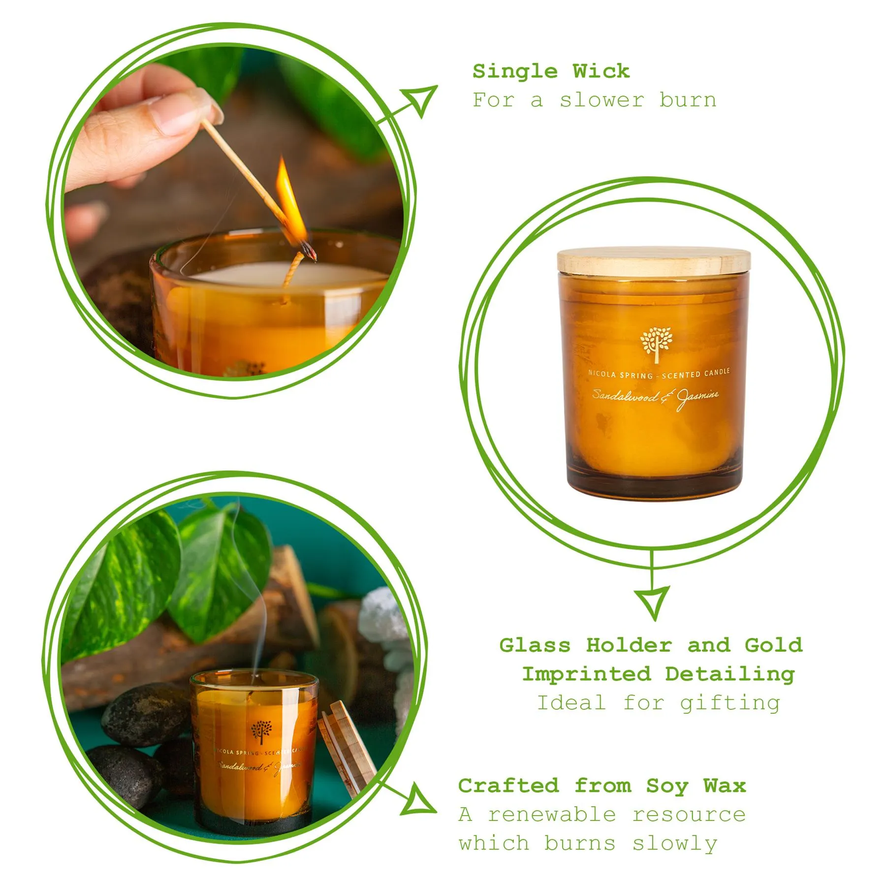 130g Sandalwood & Jasmine Scented Soy Wax Candle - By Nicola Spring